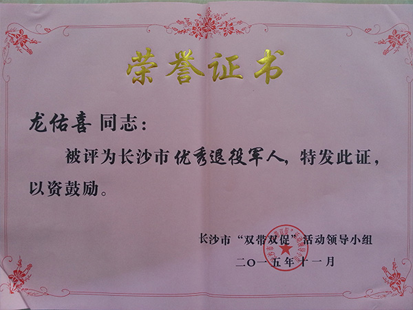 九游在线(中国)公司董事长龙佑喜荣获长沙军转干部自主创业优选个人